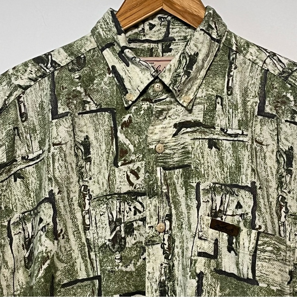 Vtg WOOLRICH Mens M Golfer Print Shirt Button Down Woven Short Sleeve Green 90s - Picture 3 of 15